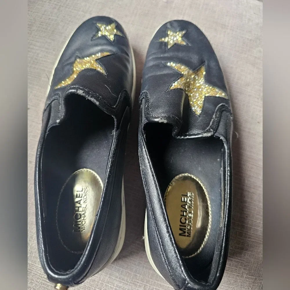 Michael Kors black and gold star slip on shoes. Sz 7